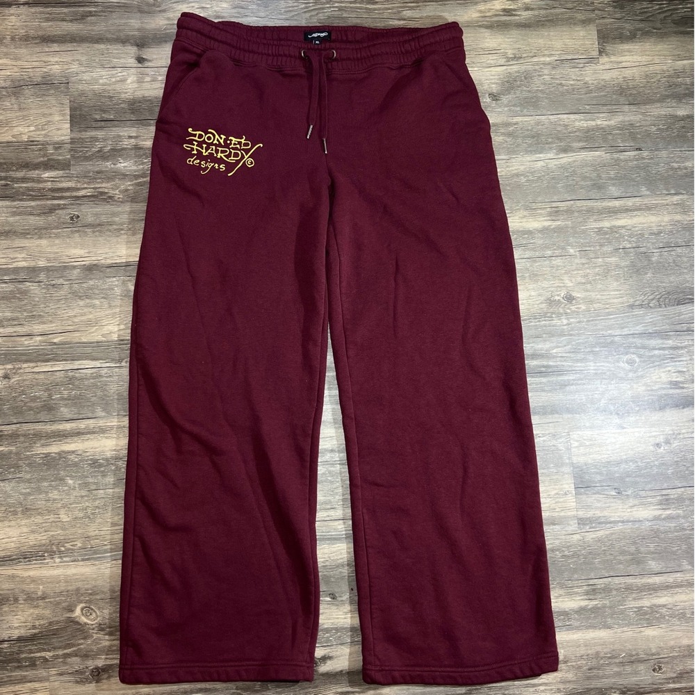 Y2K Ed Hardy Love Kills Slowly Skull Sweatpants XL Burgundy‎ Wide Leg